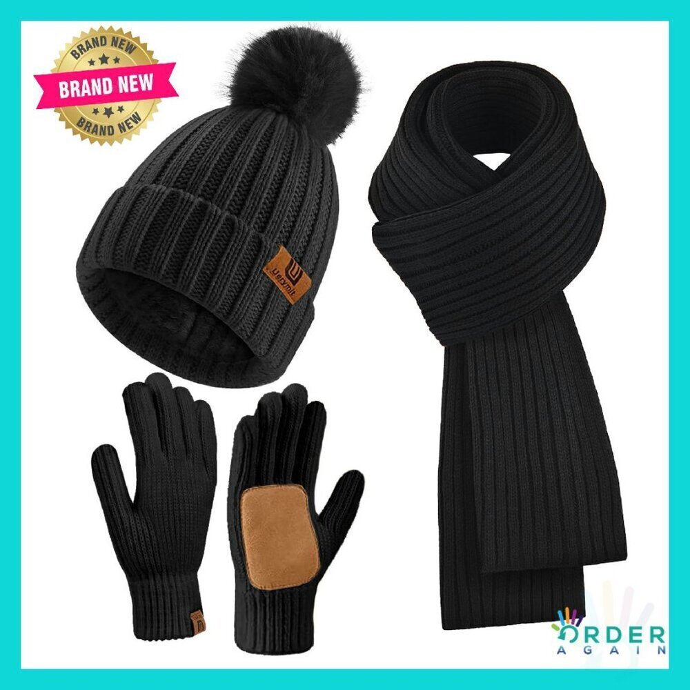 Winter Knit Beanie Scarf Gloves Set Fleece Lined Touchscreen Cozy Chic